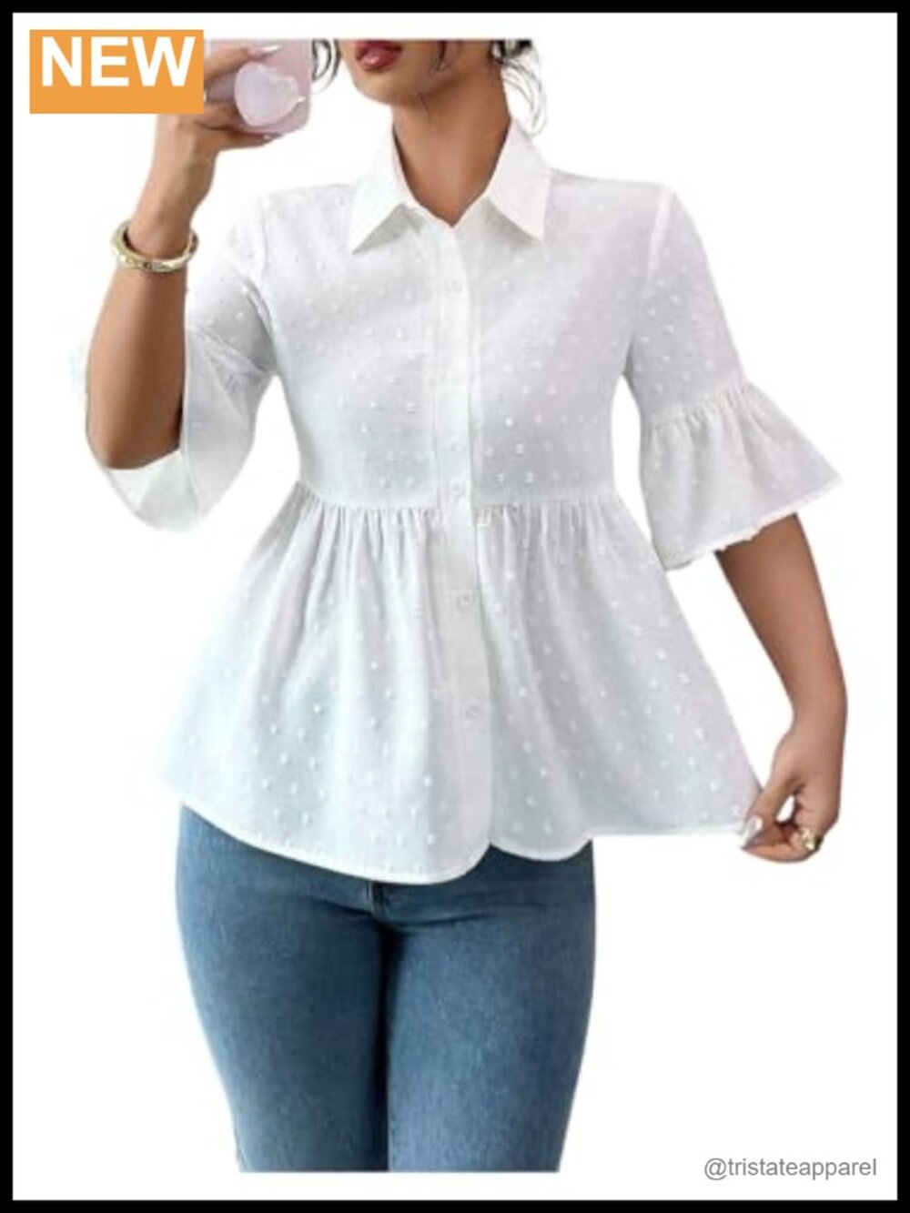 Swiss Dot Ruffle Blouse Button Down Half Sleeve Peplum Top Women